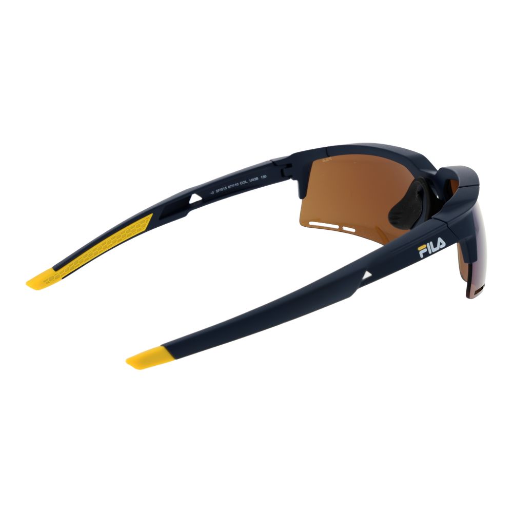 Sunglasses by Fila for men in plastic blue showcases a ethereal silhouette, featuring blue coloured frame half-rim sport frame design with mirrored category-3-dark-tint lens for a ethereal finish.