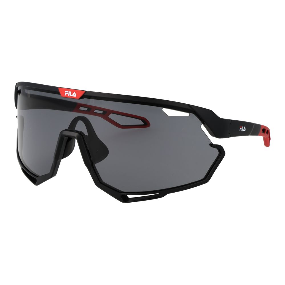Sunglasses by Fila for men in plastic and black featuring an opulent full-rim mono-lens frame design with a sophisticated black coloured frame finish and high-performance non-polarized category-2-medium-tint lens.