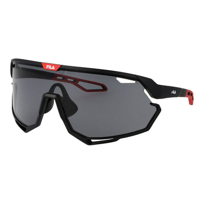Sunglasses by Fila for men in plastic and black featuring an opulent full-rim mono-lens frame design with a sophisticated black coloured frame finish and high-performance non-polarized category-2-medium-tint lens.