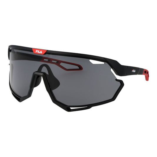 Sunglasses by Fila for men in plastic and black featuring an opulent full-rim mono-lens frame design with a sophisticated black coloured frame finish and high-performance non-polarized category-2-medium-tint lens.