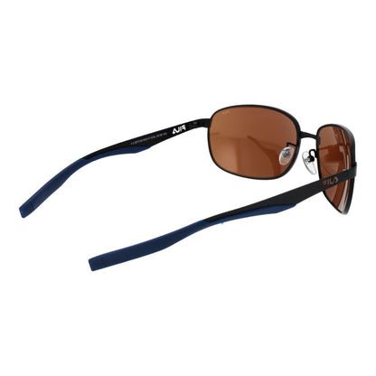 Sunglasses by Fila for men in black showcases a ethereal silhouette, featuring black coloured frame rectangle full-rim frame design with mirrored category-3-dark-tint lens for a ethereal finish.