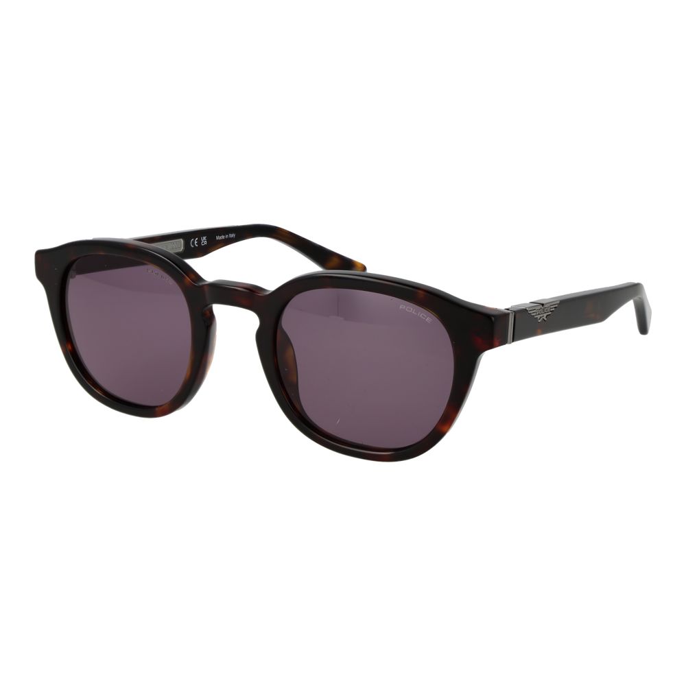 Sunglasses by Police for men in cellulose acetate brown features an ethereal full-rim panto frame design with brown coloured frame frames and non-polarized category-3-dark-tint lens for a ethereal finish.