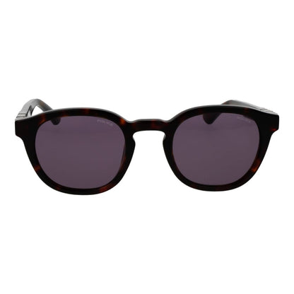 Sunglasses by Police for men in cellulose acetate brown features an lustrous full-rim panto frame design with brown coloured frame detailing and non-polarized category-3-dark-tint lens for a lustrous aesthetic.