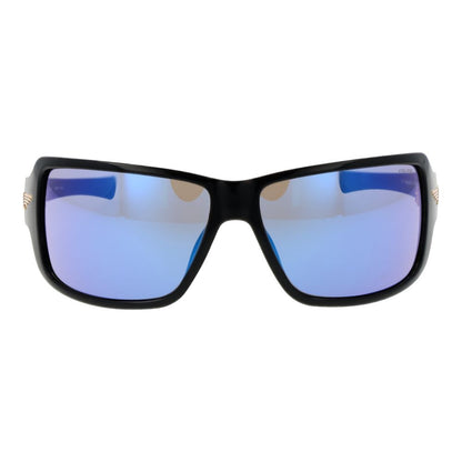 Sunglasses by Police for men in plastic black showcases a ethereal silhouette, featuring black coloured frame rectangle full-rim frame design with mirrored category-2-medium-tint lens for a ethereal finish.
