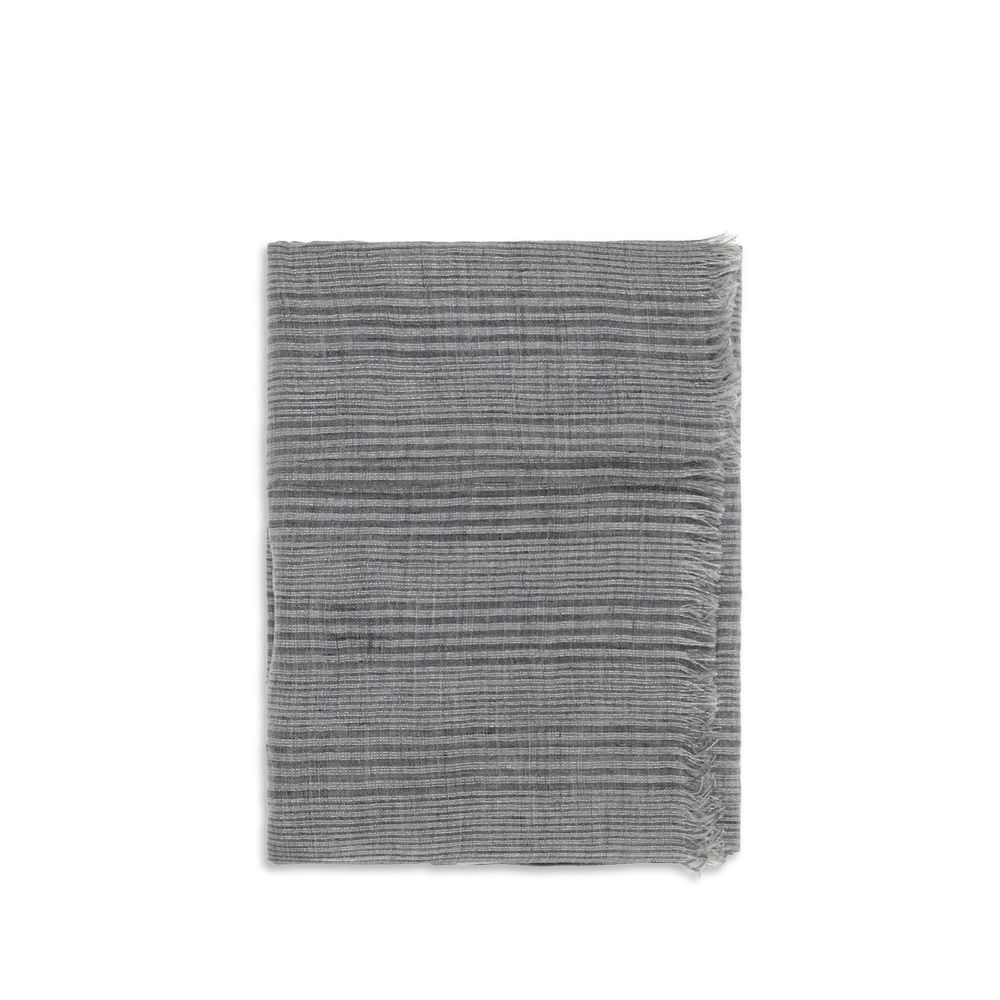 Scarf by Brunello Cucinelli for women in polyester viscose lurex & linen gray, patterned & striped presents a effortlessly chic silhouette, artfully capturing the essence of the effortlessly chic Polyester Viscose Lurex & Linen Frayed-Edge Scarf design for a sophisticated look.