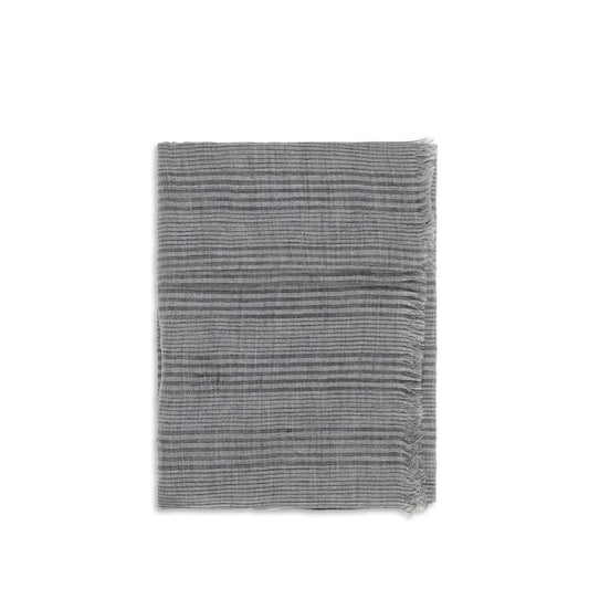 Scarf by Brunello Cucinelli for women in polyester viscose lurex & linen gray, patterned & striped presents a effortlessly chic silhouette, artfully capturing the essence of the effortlessly chic Polyester Viscose Lurex & Linen Frayed-Edge Scarf design for a sophisticated look.