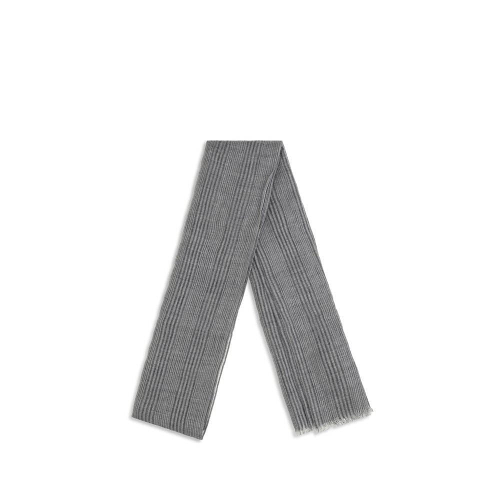 Scarf by Brunello Cucinelli for women in polyester viscose lurex & linen gray, patterned & striped features a snug silhouette, perfectly showcasing the elegant drape and premium finish of the Polyester Viscose Lurex & Linen Frayed-Edge Scarf.
