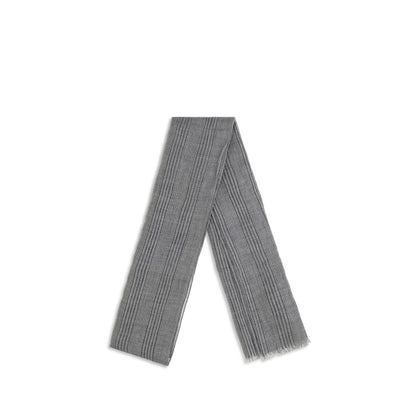Scarf by Brunello Cucinelli for women in polyester viscose lurex & linen gray, patterned & striped features a snug silhouette, perfectly showcasing the elegant drape and premium finish of the Polyester Viscose Lurex & Linen Frayed-Edge Scarf.