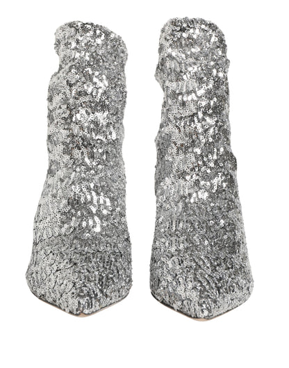 Dolce & Gabbana Silver Sequined Short Boots Stretch Shoes