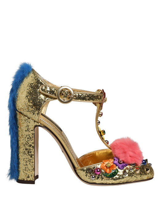 Dolce & Gabbana Women's Leather Polyurethane Viscose & Fur Stiletto T-Strap Strap Sandals - Gold