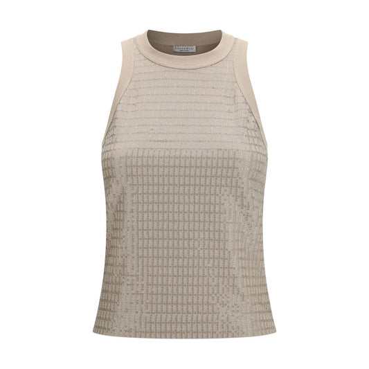 T-Shirt by Brunello Cucinelli for women in stretch cotton beige features an on trend silhouette, perfectly showcasing a on trend sleeveless and crew neckline for an elevated aesthetic.