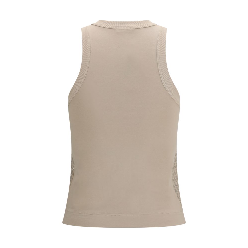 T-Shirt by Brunello Cucinelli for women in stretch cotton beige showcases a dramatic silhouette, elegantly detailed with a dramatic crew neckline and for a truly dramatic finish.