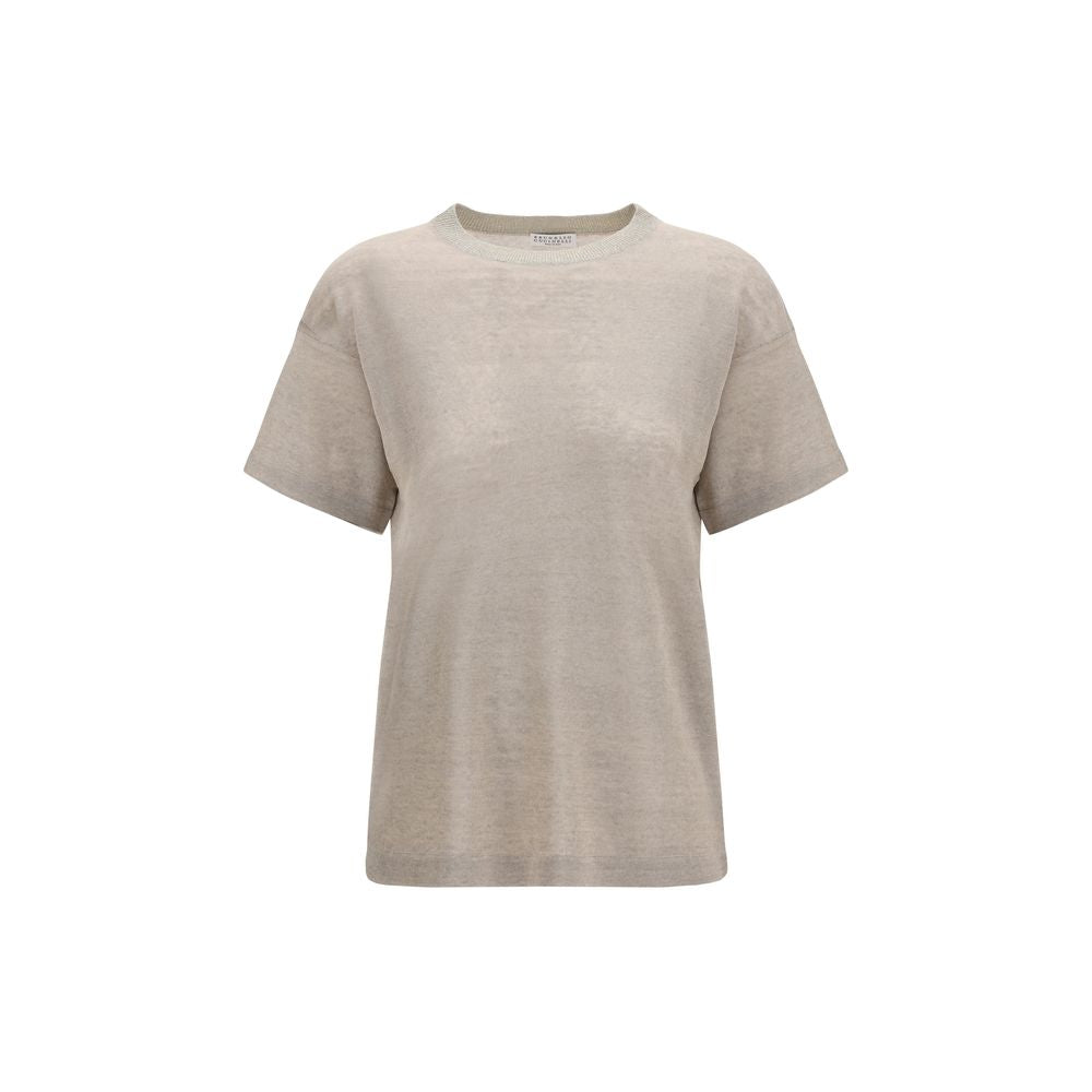 T-Shirt by Brunello Cucinelli for women in linen & polyamide beige showcases a unassuming silhouette, artfully detailed with a refined crew neckline and unassuming short-sleeve for a sophisticated, contemporary look.