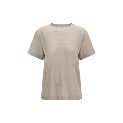T-Shirt by Brunello Cucinelli for women in linen & polyamide beige showcases a unassuming silhouette, artfully detailed with a refined crew neckline and unassuming short-sleeve for a sophisticated, contemporary look.