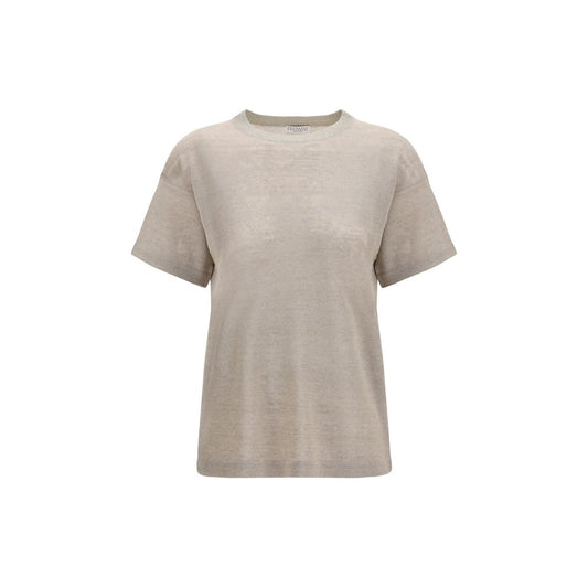 T-Shirt by Brunello Cucinelli for women in linen & polyamide beige showcases a unassuming silhouette, artfully detailed with a refined crew neckline and unassuming short-sleeve for a sophisticated, contemporary look.