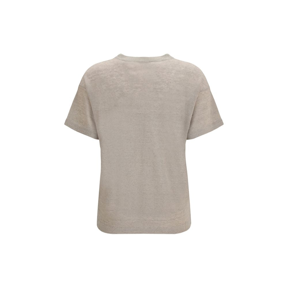 T-Shirt by Brunello Cucinelli for women in linen & polyamide beige showcases a dramatic silhouette, elegantly detailed with a dramatic crew neckline and for a truly dramatic finish.