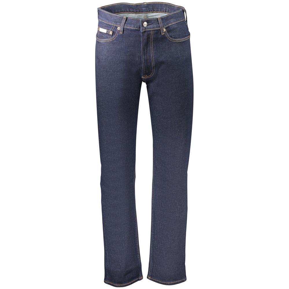 Jeans by Calvin Klein for men in stretch denim cotton blue features a polished silhouette with a polished straight-leg, reaching a polished long and finished with a polished .