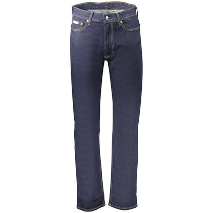Jeans by Calvin Klein for men in stretch denim cotton blue features a polished silhouette with a polished straight-leg, reaching a polished long and finished with a polished .