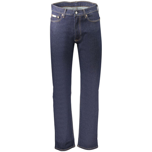 Jeans by Calvin Klein for men in stretch denim cotton blue features a polished silhouette with a polished straight-leg, reaching a polished long and finished with a polished .