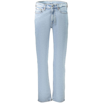 Jeans by Calvin Klein for men in stretch denim cotton light-blue & signature features a polished silhouette with a polished straight-leg, reaching a polished long and finished with a polished .