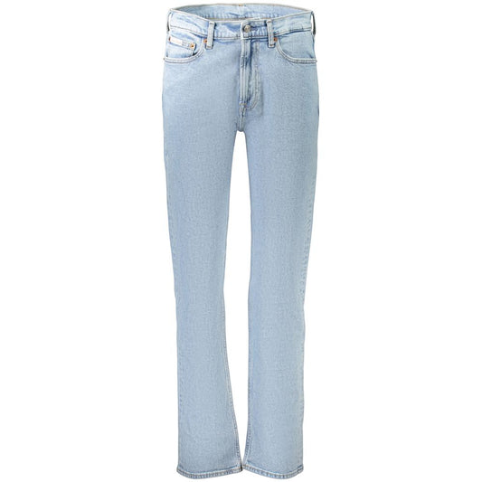 Jeans by Calvin Klein for men in stretch denim cotton light-blue & signature features a polished silhouette with a polished straight-leg, reaching a polished long and finished with a polished .