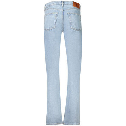 Jeans by Calvin Klein for men in stretch denim cotton light-blue & signature features a polished silhouette with a polished straight-leg, reaching a polished long and finished with a polished .
