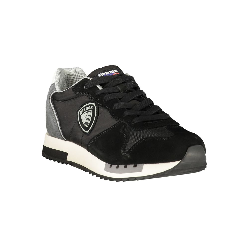 Athletic Sneakers by Blauer for men in polyester polyurethane leather black, gray & white features an architectural silhouette, showcasing the premium athletic style of the Men's Athletic Polyester Polyurethane Leather Sneakers with an architectural finish.