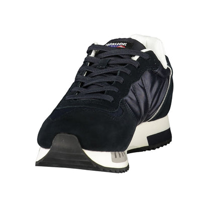 Athletic Sneakers by Blauer for men in polyester polyurethane leather blue & white features an architectural silhouette from the Men's Athletic Polyester Polyurethane Leather Sneakers collection, showcasing a architectural athletic style for a architectural look.