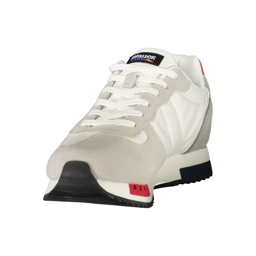 Athletic Sneakers by Blauer for men in polyester polyurethane leather blue, gray, red, white & signature features an architectural silhouette, showcasing the premium athletic style of the Men's Athletic Polyester Polyurethane Leather Sneakers with an architectural finish.