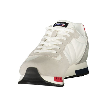Athletic Sneakers by Blauer for men in polyester polyurethane leather blue, gray, red, white & signature features an architectural silhouette, showcasing the premium athletic style of the Men's Athletic Polyester Polyurethane Leather Sneakers with an architectural finish.