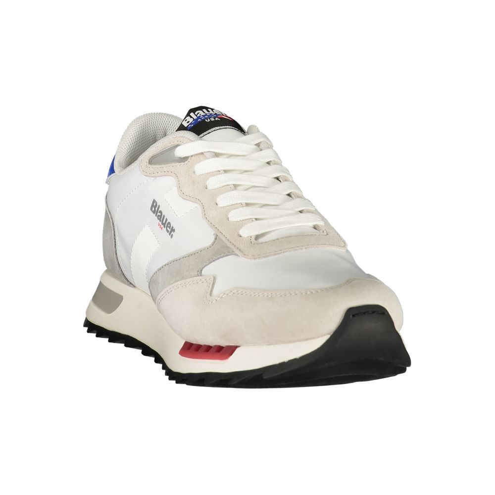 Athletic Sneakers by Blauer for men in polyester & polyurethane blue, gray & white features an architectural silhouette from the Aren Men's Athletic Polyester & Polyurethane Sneakers collection, showcasing a architectural athletic style for a architectural look.