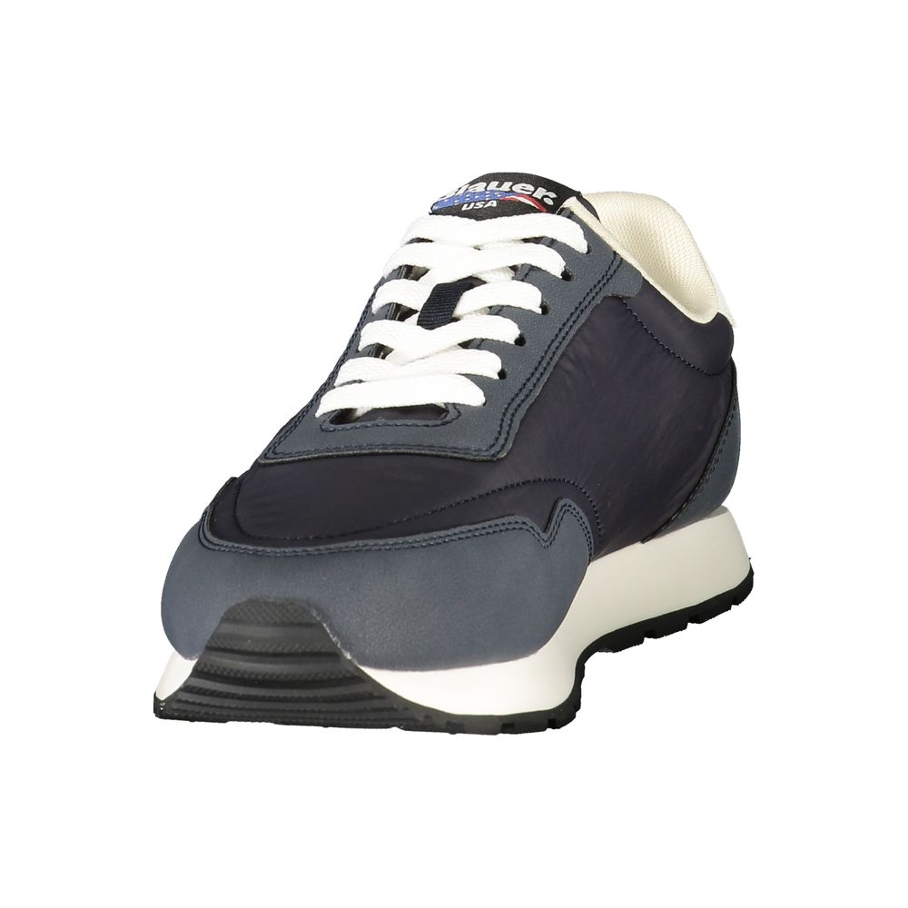 Athletic Sneakers by Blauer for men in polyester & polyurethane blue, white, signature & print features an architectural silhouette from the Men's Athletic Polyester & Polyurethane Sneakers collection, showcasing a architectural athletic style for a architectural look.