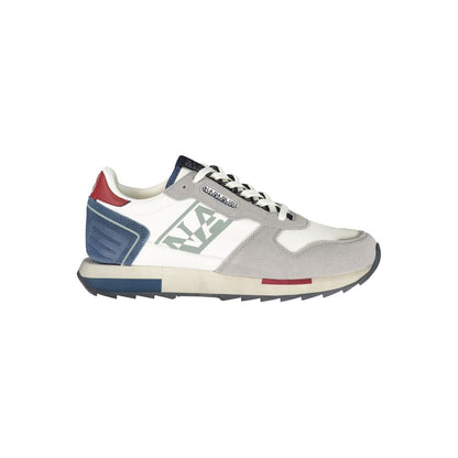 Athletic Sneakers by Napapijri for men in polyester blue, gray, red & print features an architectural silhouette from the Men's Athletic Polyester Sneakers collection, showcasing a architectural athletic style for a architectural look.