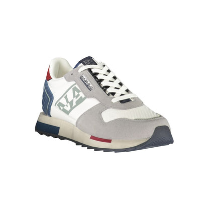 Athletic Sneakers by Napapijri for men in polyester blue, gray, red & print showcases a architectural silhouette, artfully capturing the essence of the Men's Athletic Polyester Sneakers with its signature architectural athletic style construction.