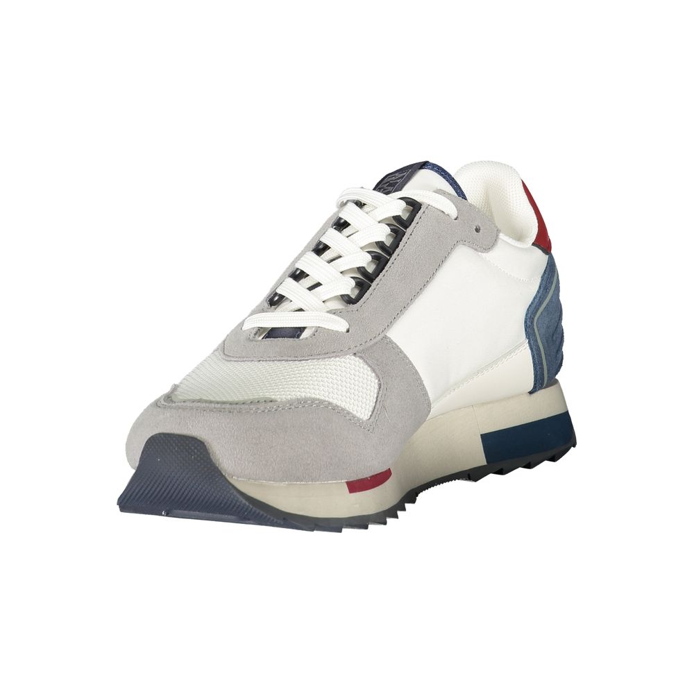 Athletic Sneakers by Napapijri for men in polyester blue, gray, red & print features an architectural silhouette, showcasing the premium athletic style of the Men's Athletic Polyester Sneakers with an architectural finish.