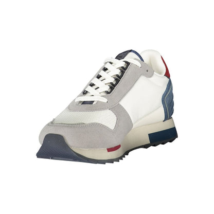 Athletic Sneakers by Napapijri for men in polyester blue, gray, red & print features an architectural silhouette, showcasing the premium athletic style of the Men's Athletic Polyester Sneakers with an architectural finish.