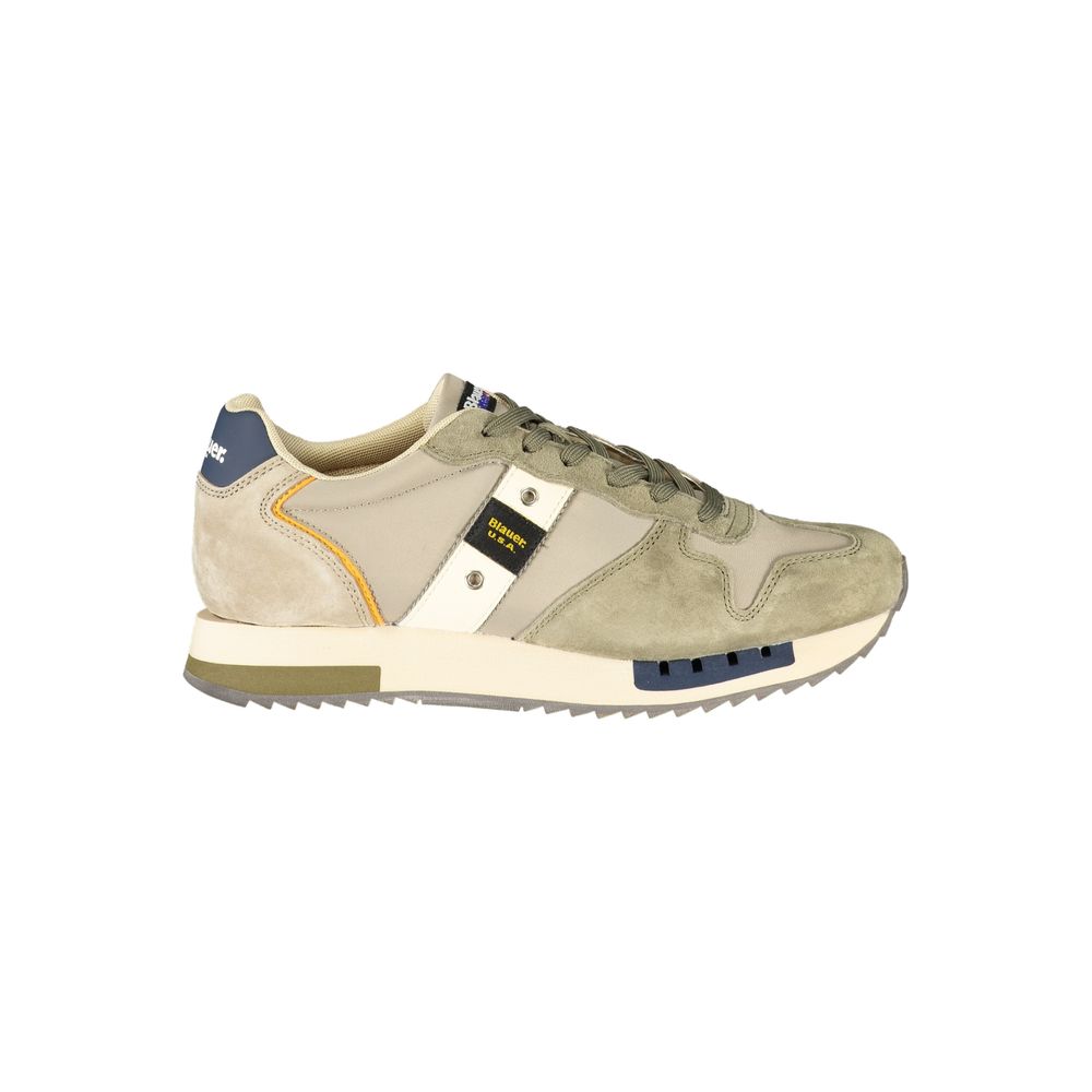 Athletic Sneakers by Blauer for men in polyester beige, blue & green features an architectural silhouette, showcasing the premium athletic style of the Men's Athletic Polyester Sneakers with an architectural finish.