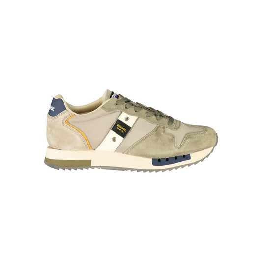 Athletic Sneakers by Blauer for men in polyester beige, blue & green features an architectural silhouette, showcasing the premium athletic style of the Men's Athletic Polyester Sneakers with an architectural finish.