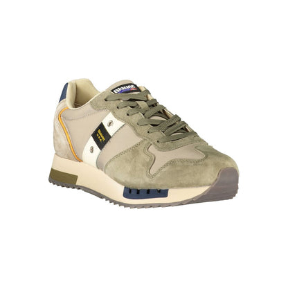 Athletic Sneakers by Blauer for men in polyester beige, blue & green features an architectural silhouette from the Men's Athletic Polyester Sneakers collection, showcasing a architectural athletic style for a architectural look.