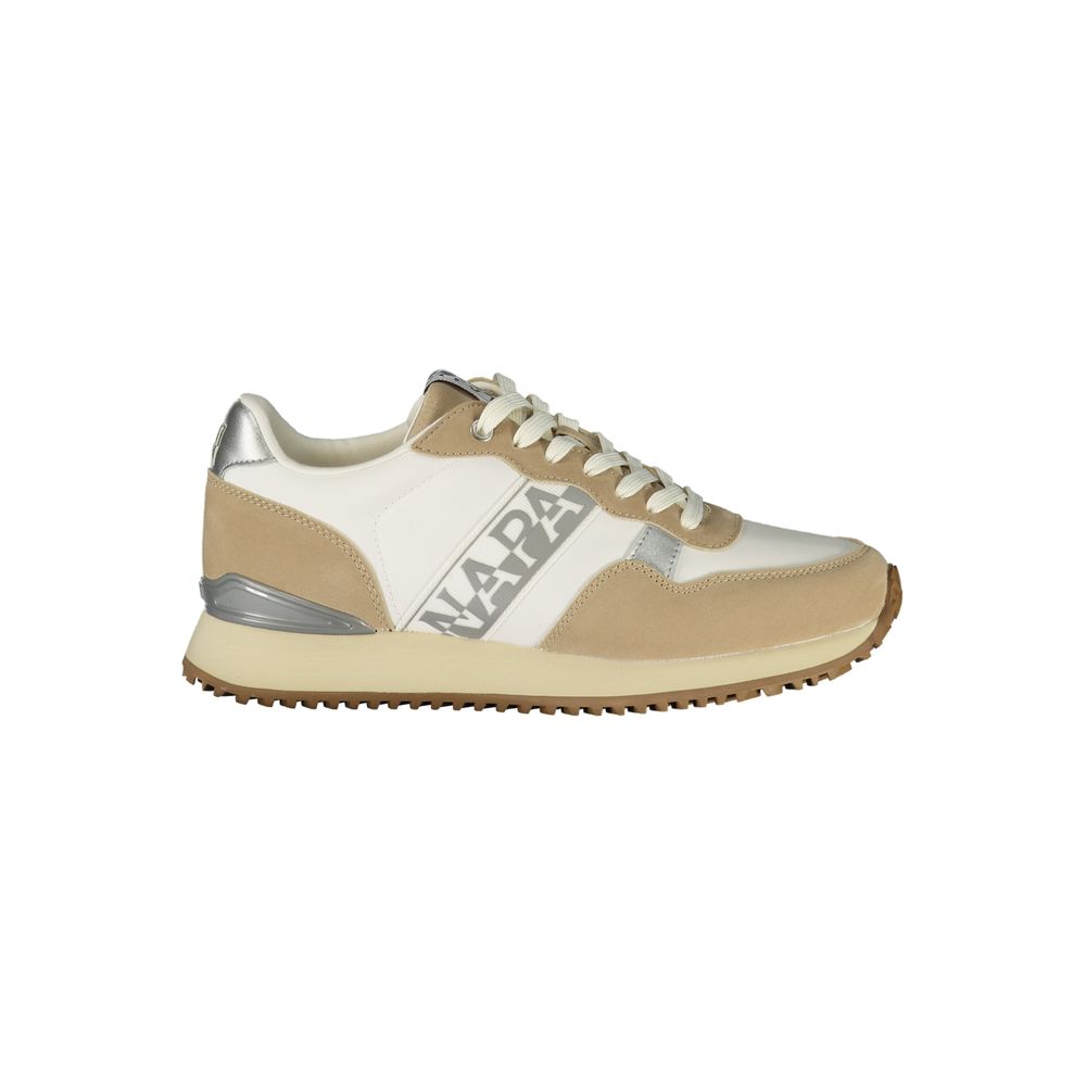 Athletic Sneakers by Napapijri for women in polyester beige, blue, gray & print features an architectural silhouette from the Women's Athletic Polyester Sneakers collection, showcasing a architectural athletic style for a architectural look.