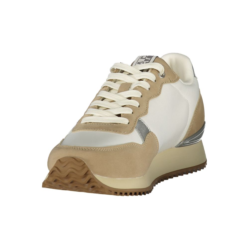 Athletic Sneakers by Napapijri for women in polyester beige, blue, gray & print showcases a architectural silhouette, artfully capturing the essence of the Women's Athletic Polyester Sneakers with its signature architectural athletic style construction.