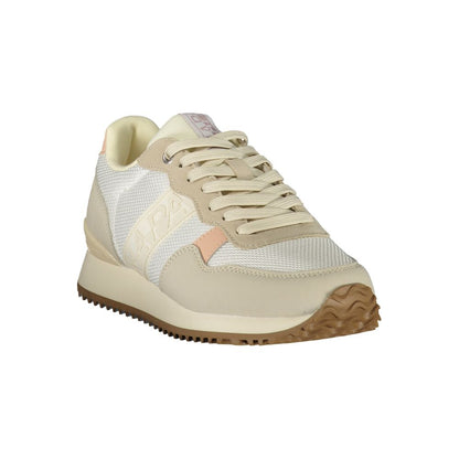 Athletic Sneakers by Napapijri for women in polyester beige, blue, pink & print features an architectural silhouette, showcasing the premium athletic style of the Women's Athletic Polyester Sneakers with an architectural finish.