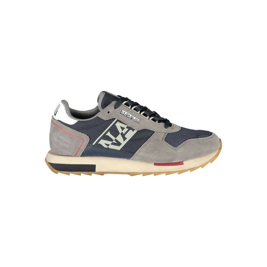 Athletic Sneakers by Napapijri for men in polyester blue, gray, red & print features an architectural silhouette from the Men's Athletic Polyester Sneakers collection, showcasing a architectural athletic style for a architectural look.