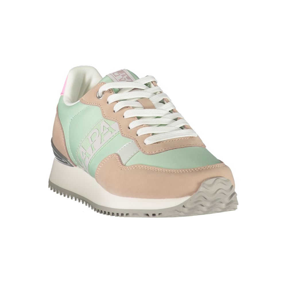 Athletic Sneakers by Napapijri for women in polyester fuchsia, green, pink & print features an architectural silhouette, showcasing the premium athletic style of the Women's Athletic Polyester Sneakers with an architectural finish.