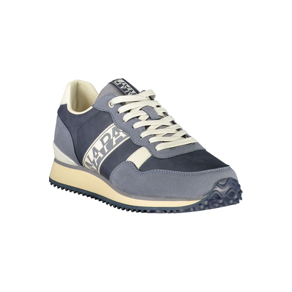 Athletic Sneakers by Napapijri for men in polyester blue, gray & print features an architectural silhouette from the Men's Athletic Polyester Sneakers collection, showcasing a architectural athletic style for a architectural look.