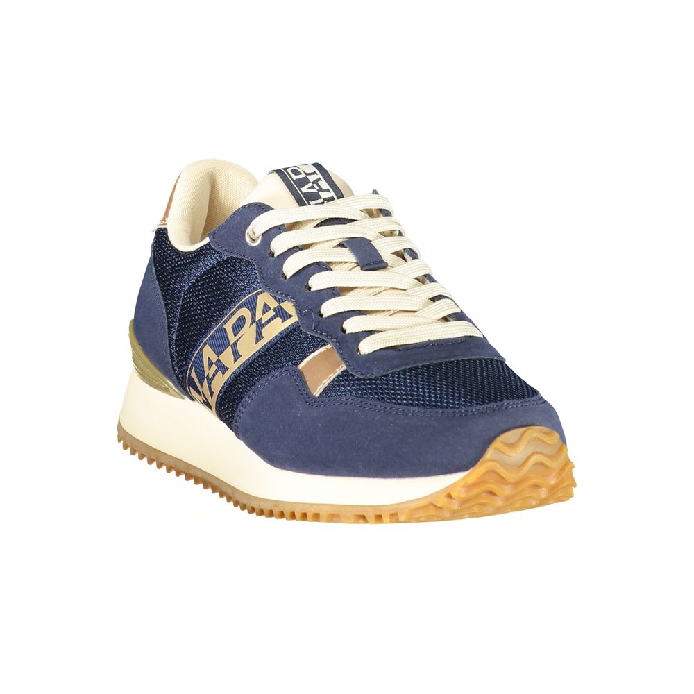 Athletic Sneakers by Napapijri for women in polyester blue, gold & print features an architectural silhouette from the Women's Athletic Polyester Sneakers collection, showcasing a architectural athletic style for a architectural look.