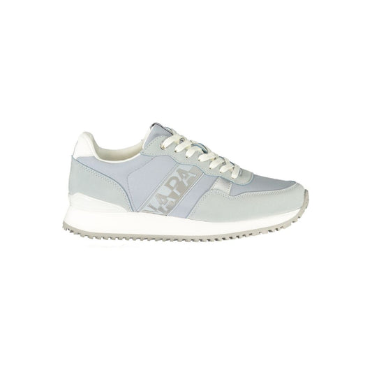 Athletic Sneakers by Napapijri for women in polyester blue, white & print showcases a architectural silhouette, artfully capturing the essence of the Women's Athletic Polyester Sneakers with its signature architectural athletic style construction.