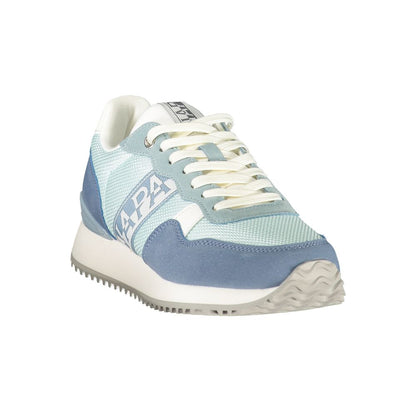 Athletic Sneakers by Napapijri for women in polyester blue & print features an architectural silhouette, showcasing the premium athletic style of the Women's Athletic Polyester Sneakers with an architectural finish.