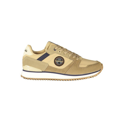 Athletic Sneakers by Napapijri for men in polyester blue, brown & print features an architectural silhouette, showcasing the premium athletic style of the Men's Athletic Polyester Sneakers with an architectural finish.