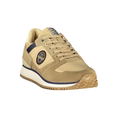 Athletic Sneakers by Napapijri for men in polyester blue, brown & print features an architectural silhouette from the Men's Athletic Polyester Sneakers collection, showcasing a architectural athletic style for a architectural look.
